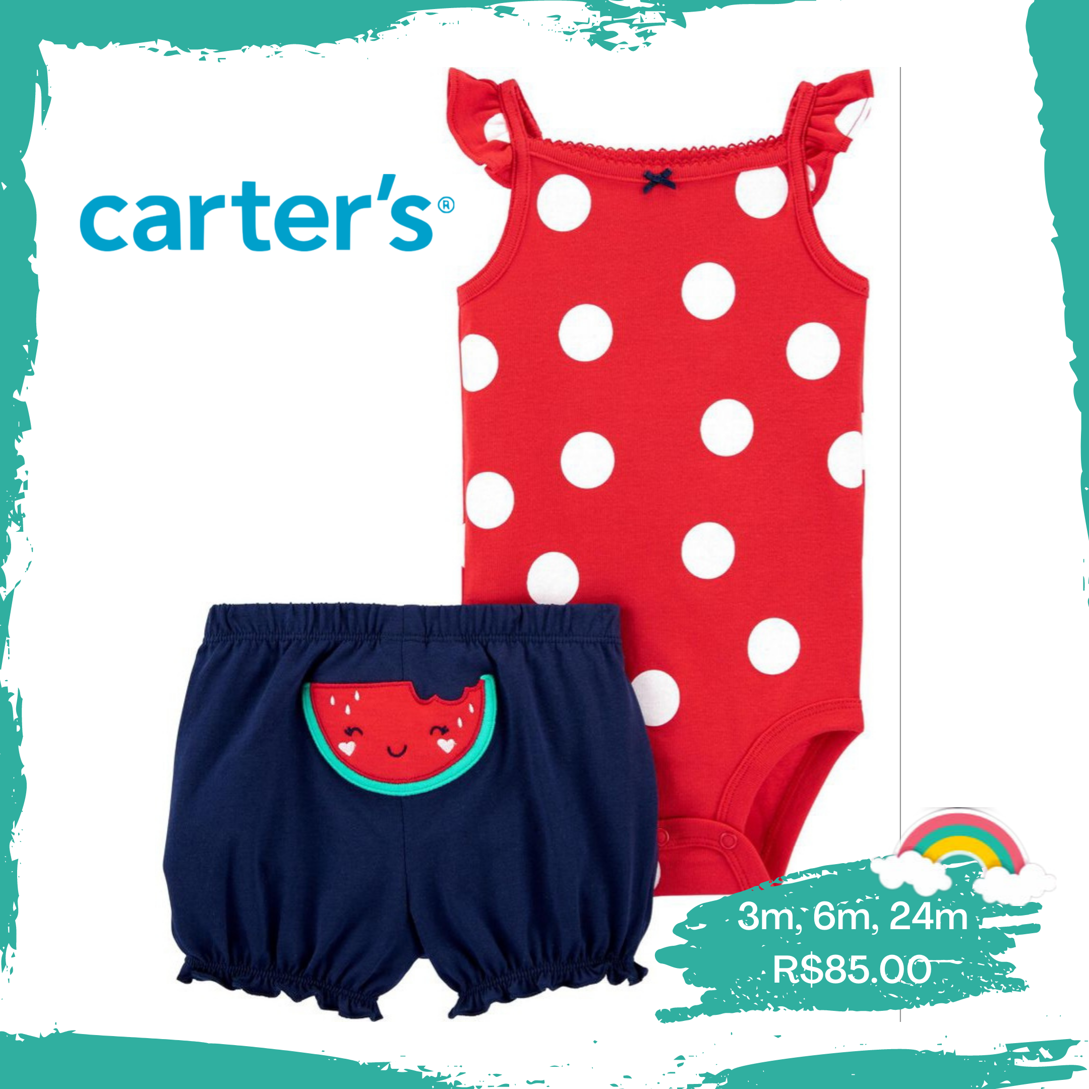 Carter’s Menina Conjunto Body Regata Poa Vermelho Shorts Bordado Melancia Cor Vermelho/marinho