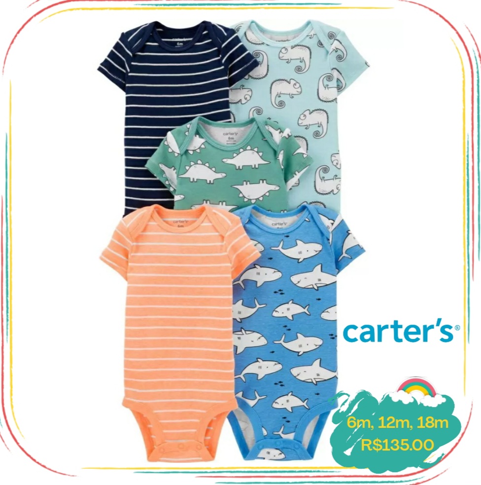 Carter’s Menino Kit Body Manga Curta Baleia/Tubarão Cor Laranja/Azul/verde