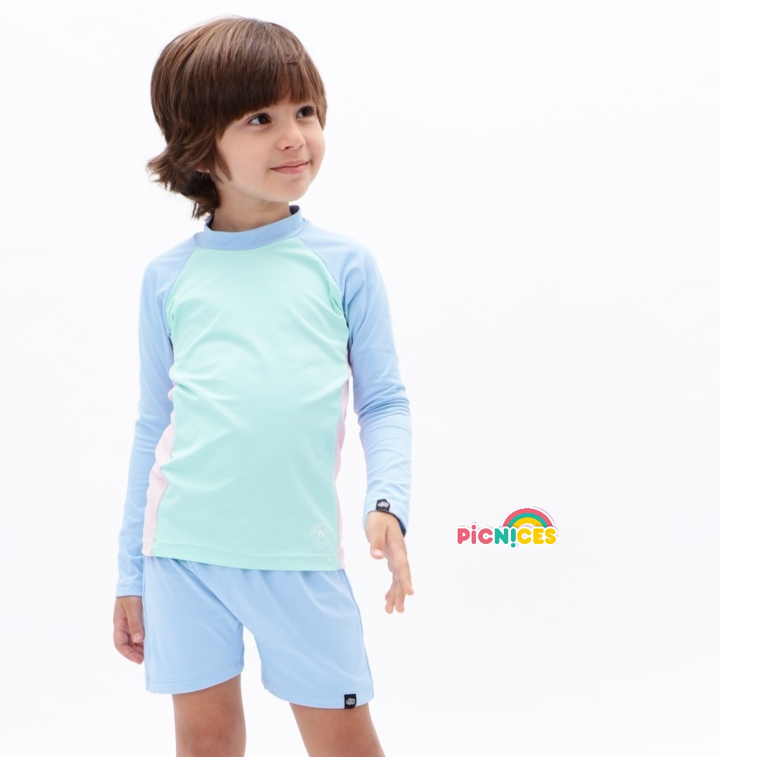 Conjunto Sunga + Camiseta Longa Uv50 Colors Caiçarinhas Cor Verde/Azul/Rosa